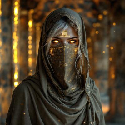 The primary subject of the image is a woman wearing a mask and a hooded robe. She is standing in a room with a stone wall and a gold background. The visual style of the image is a photo, and the colors and mood are warm and mysterious.